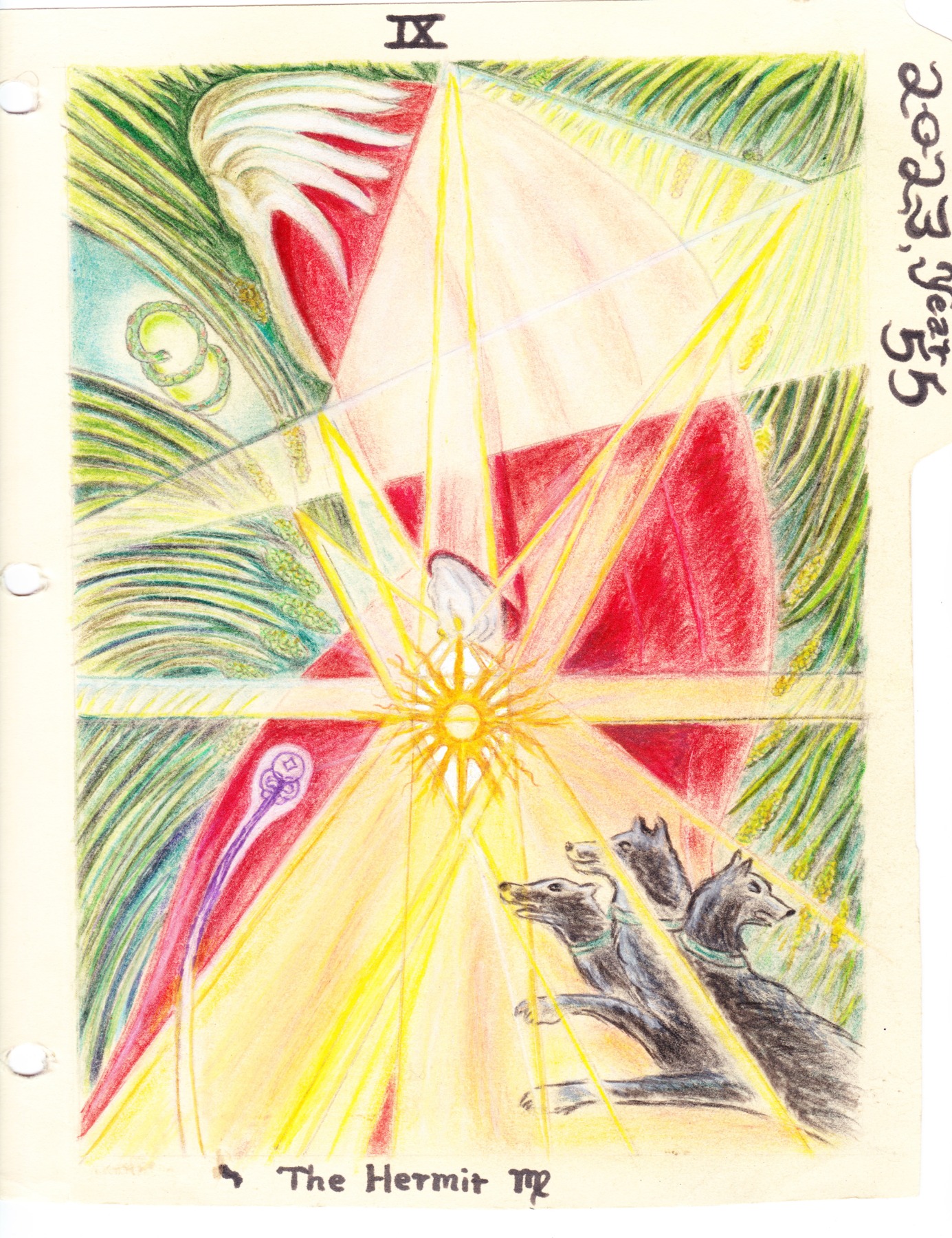 Radiating yellow, red and green tarot composition with a three-headed dog.