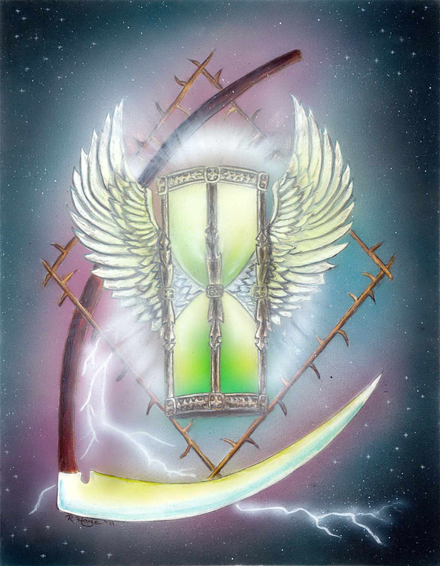 Luminous winged hourglass surrounded by a scythe, thorns and stars.