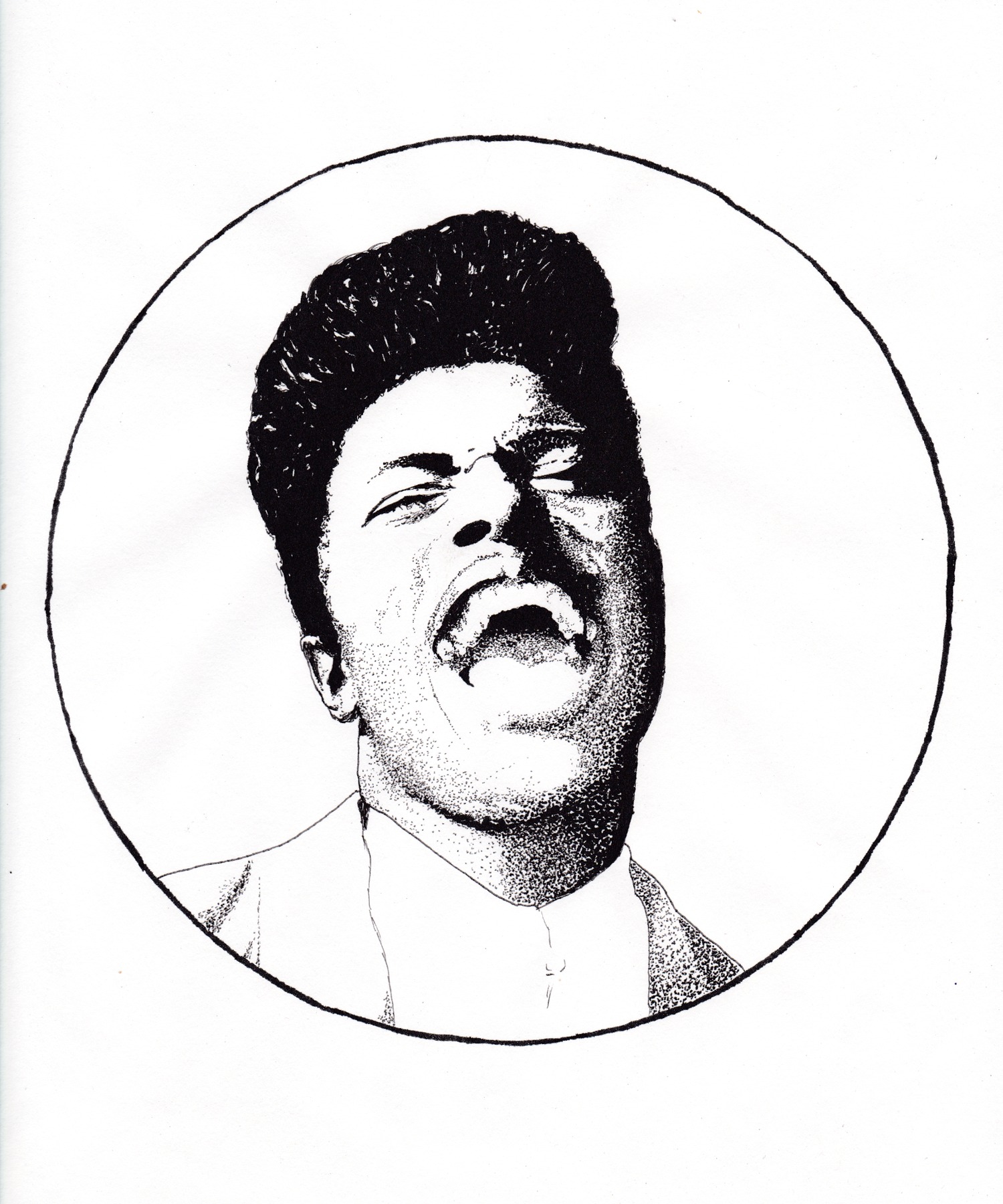 Stippled black-and-white portrait of Little Richard singing.