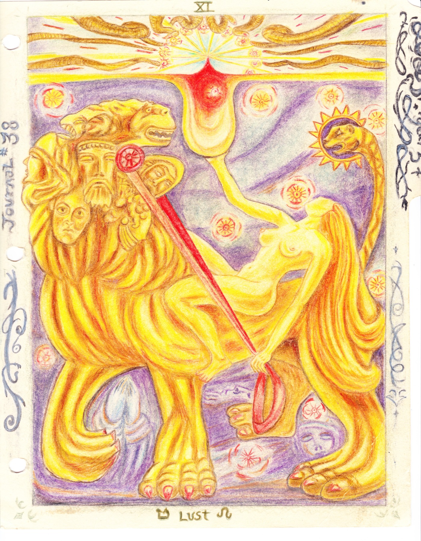 Gold and violet tarot composition with a multi-headed lion and reclining figure.