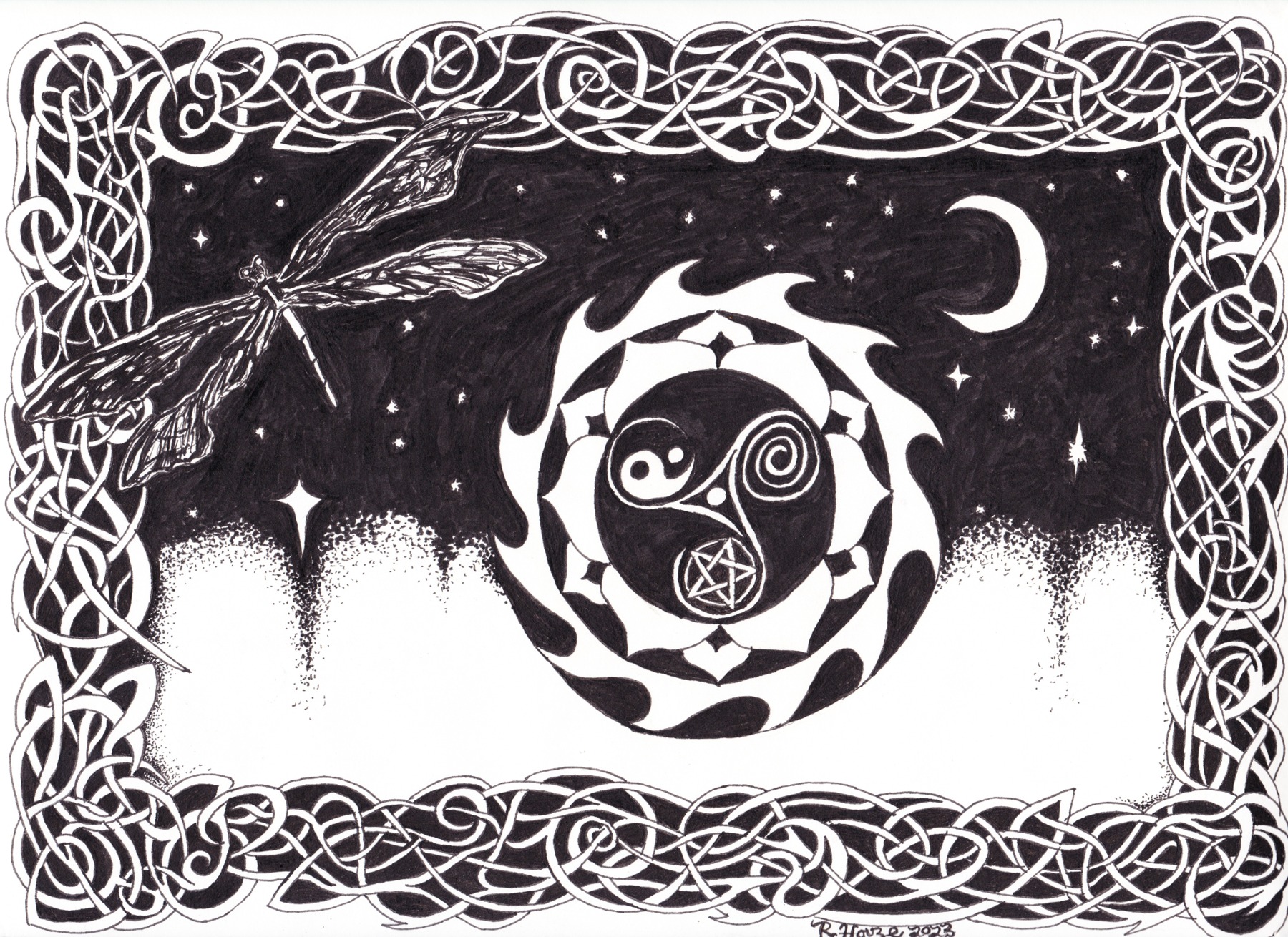 Interlaced knotwork framing a dragonfly, crescent moon and circular symbols.