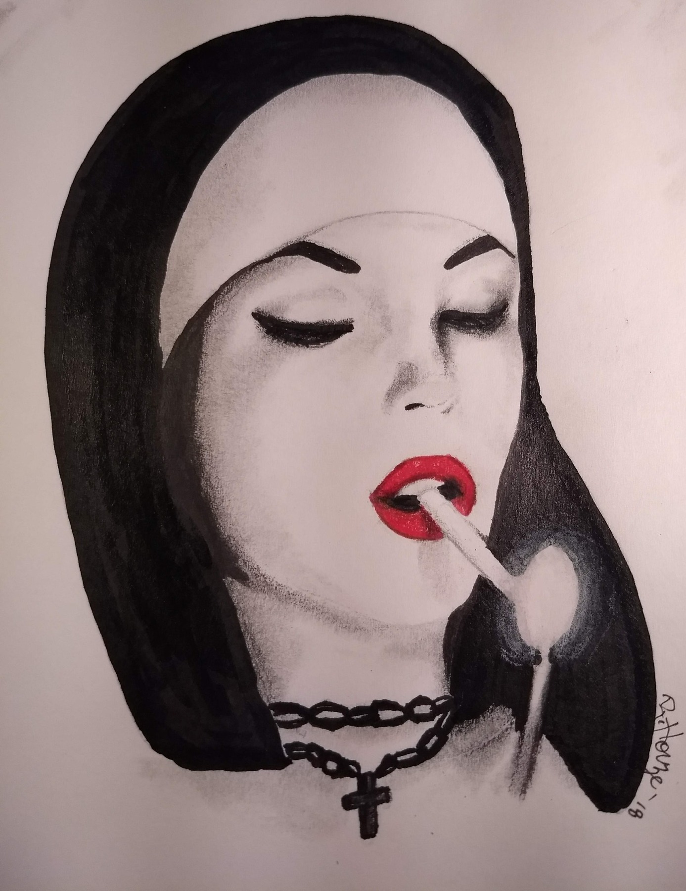 Veiled figure with closed eyes, red lips and a hand raised to the mouth.